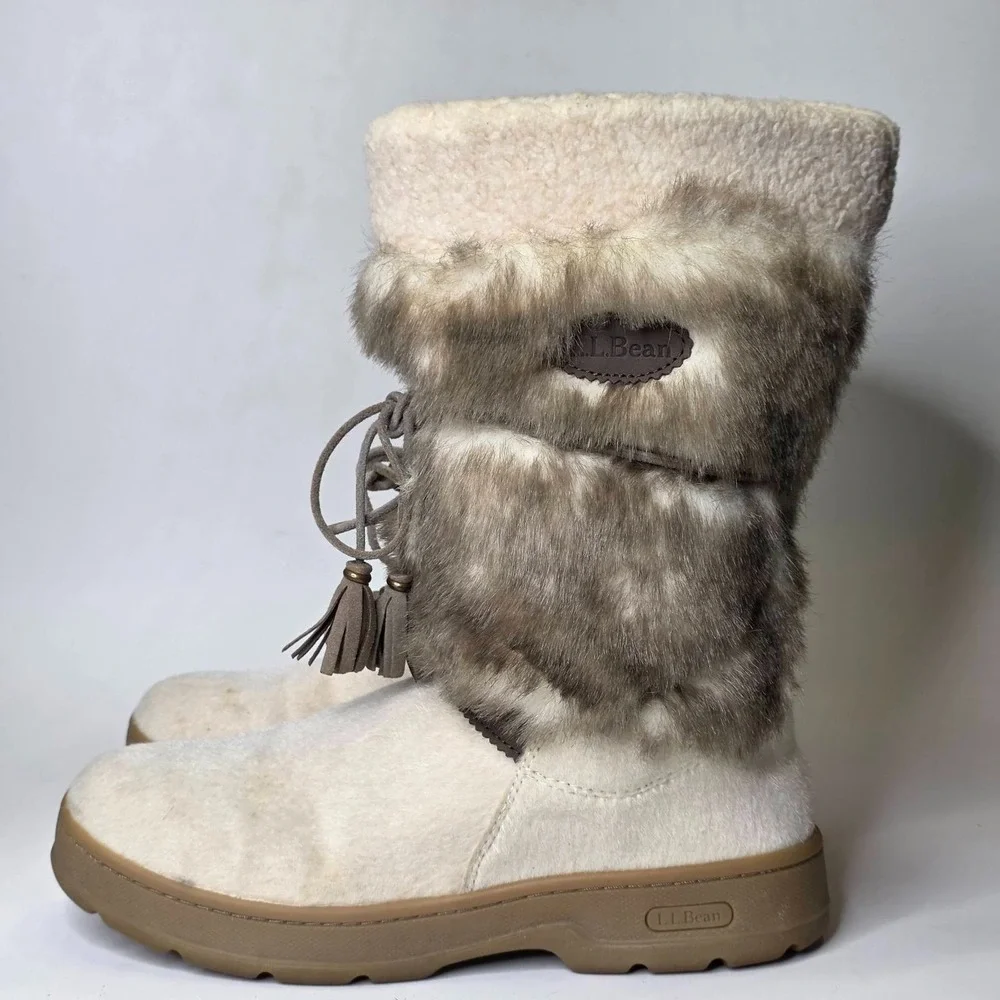 L.L. Bean Winter Snow Boots Women's Size 10 Ivory Cream Brown Faux Fur Shoes